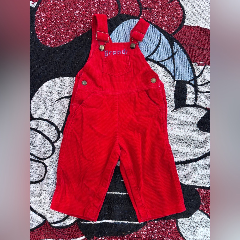 VINTAGE LITTLE ONES RED CORDUROY “BRANDI” EMBROIDERED OVERALLS SIZE 12 MONTHS